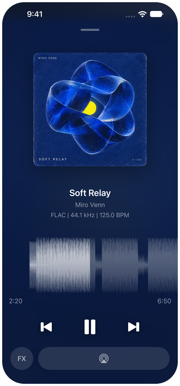 Vibe on iPhone: album art above the track title, a full-width waveform, and transport controls.