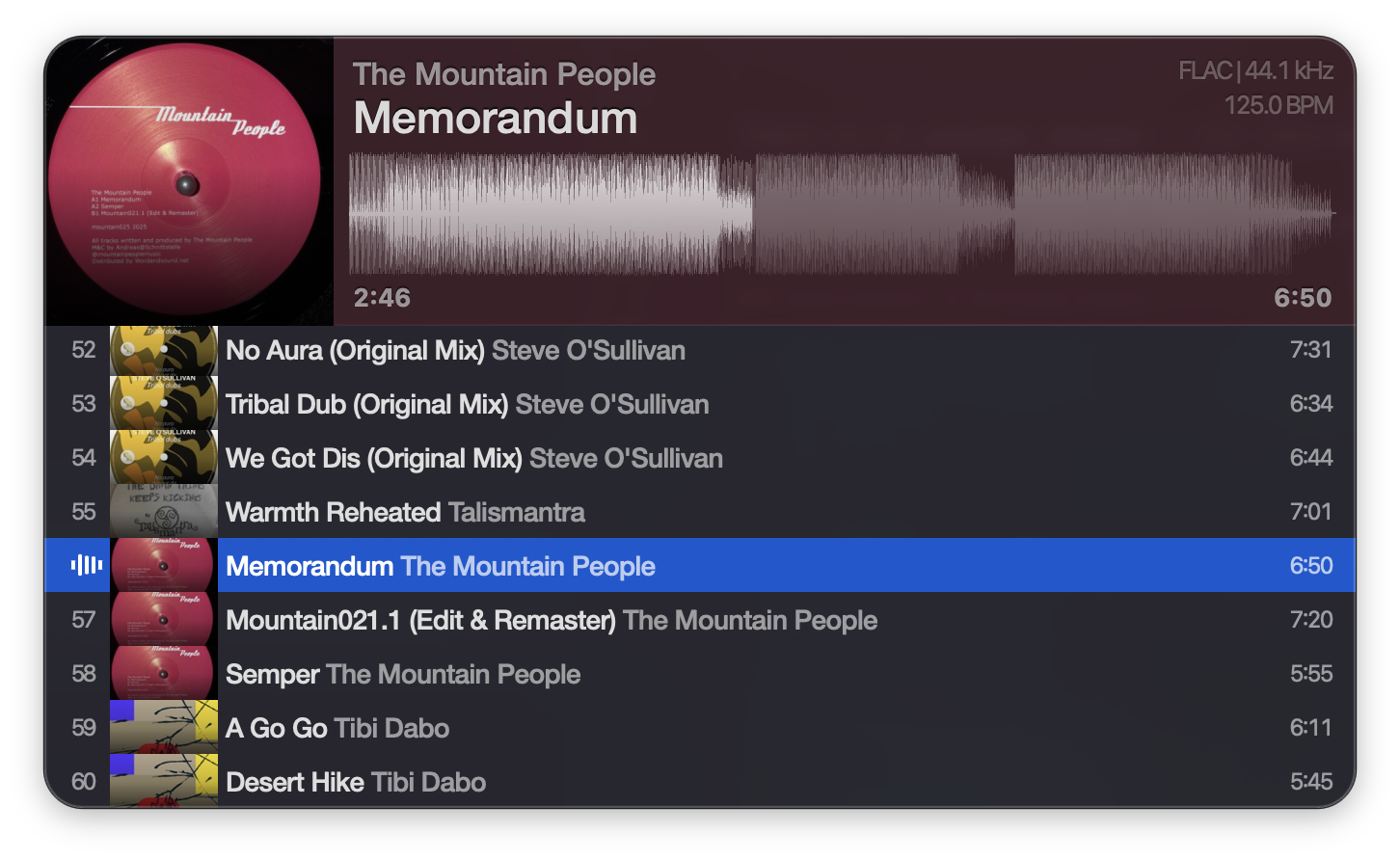 Vibe with the playlist open, showing numbered tracks with artwork thumbnails, titles, artists, and durations.