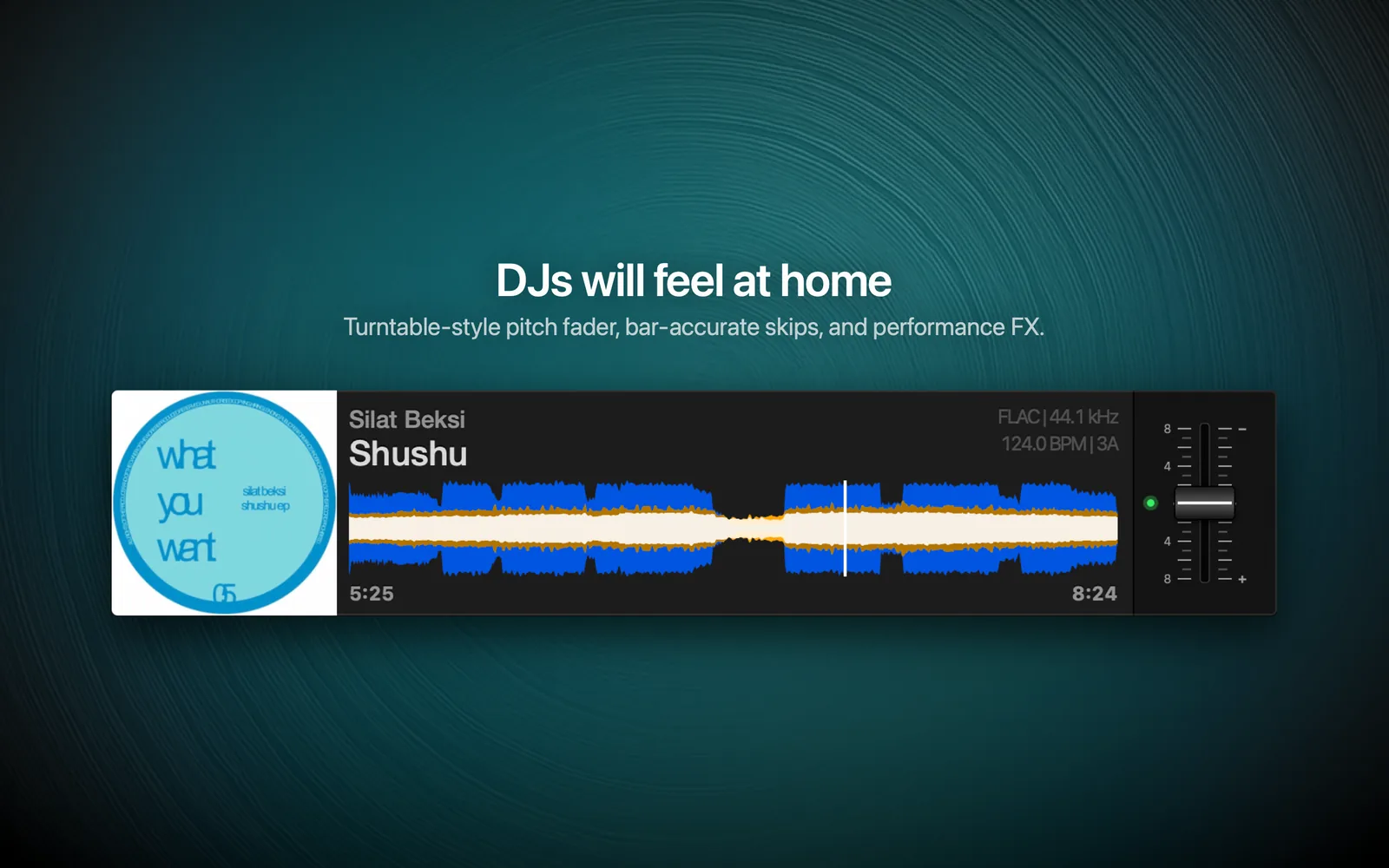 DJs will feel at home: the turntable-style pitch fader beside the waveform.
